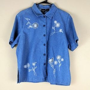 Erika Embroidered Eyelet Button Down Denim Shirt L